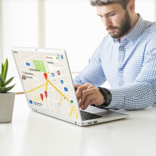 Business owner analyzing local SEO data and multimedia content for Google Maps optimization.
