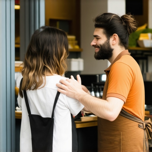 Business owner smiling and talking with customers outside storefront