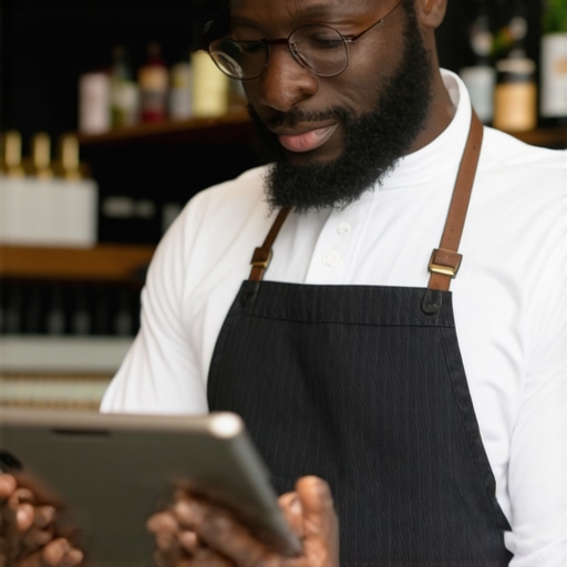 Engaging with Customers in Local SEO Business owner responding to reviews on tablet for local SEO growth.