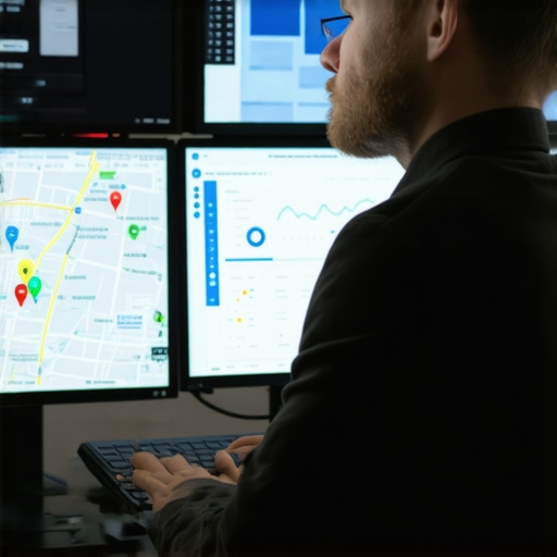 Person reviewing map engagement metrics on computer monitors.