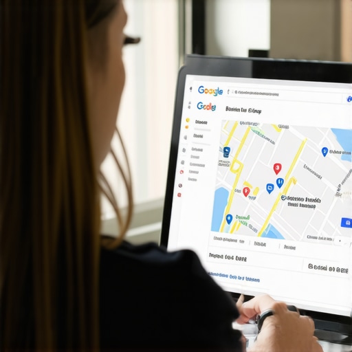 Person editing Google Business Profile on a laptop, focusing on map settings and call buttons.