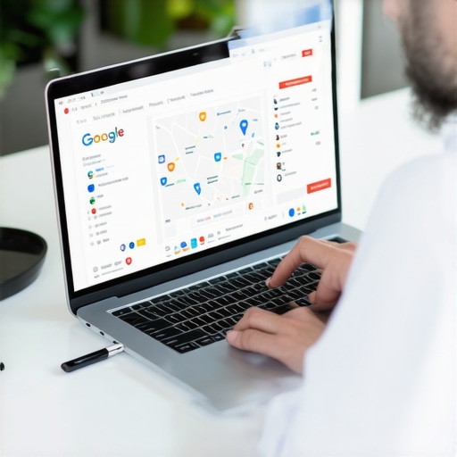 Business owner updating Google My Business profile on laptop, illustrating local SEO efforts.