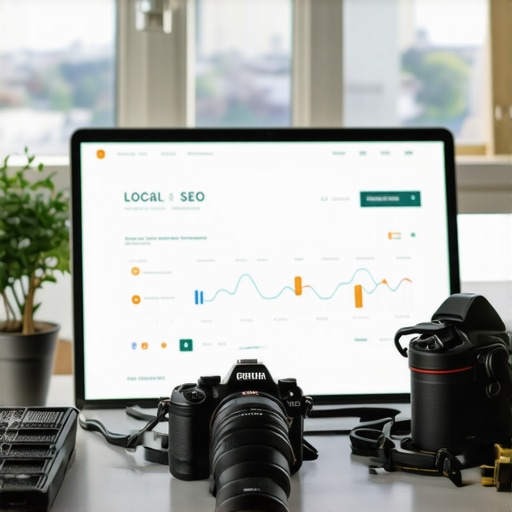 Workspace setup with SEO analytics dashboard, camera, and automation tools for local map marketing.