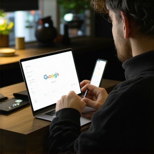 Business owner updating Google My Business profile on laptop and smartphone
