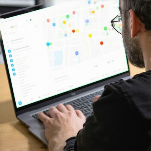 Business owner reviewing GMB optimization with AI filters overlay