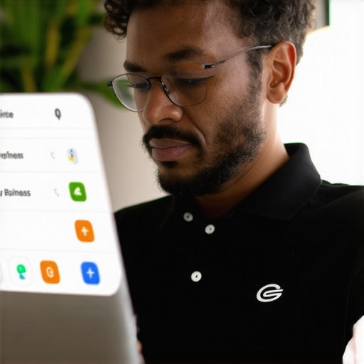 Business owner editing Google My Business profile on a laptop, focusing on call button and profile visibility.