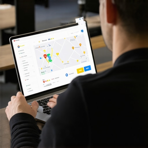 Business owner updating Google Maps profile on laptop with analytics on screen.